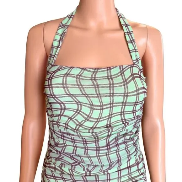 AFRM Bonnie Dress Mesh Ruched Plaid Checkered Halter Mini Bodycon NWT Medium Y2K - Picture 6 of 10